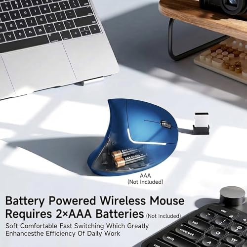 Ergonomic Vertical Wireless Mouse, 2.4G Optical Mouse with USB Receiver, 800-1600 DPI, Silent Click, Battery Powered, 5 Buttons, Stylish Comfortable Mouse for Laptop, PC, Mac, Computer (Blue)