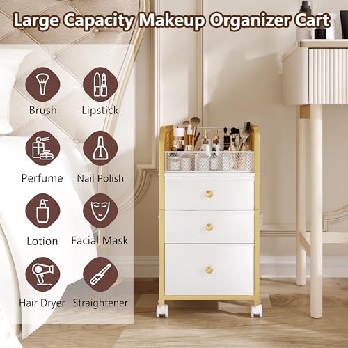 Rolling Makeup Organizer Cart with 3 Drawers Under Desk Storage