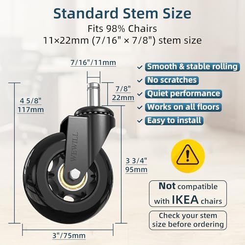 WEWILL Office Chair Wheels - Rubber Casters Replacement Universal Fit 98% Chair(Set of 5) Heavy Duty 3 Inch Smoothly & Quietly Safe for All Floor, Hardwood, Tile, Carpet, Noise Free - Black