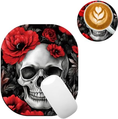 Small Mouse Pad，Mini Mouse Pad 6 x 7 Inch，for Laptop Keyboard Tray Wireless Mouse Home Office Travel，with Non-Slip Rubber Base, Waterproof Mouse Mat，Skull with Red Flowers