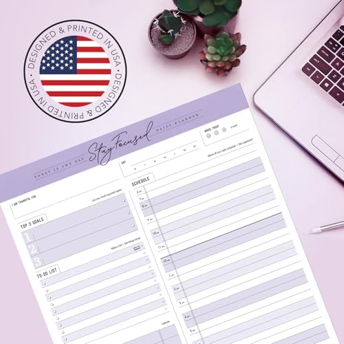 Daily Notepad Planner Schedule To Do List - Stay Focused 50 Tear Off Premium USA (Purple Taro)