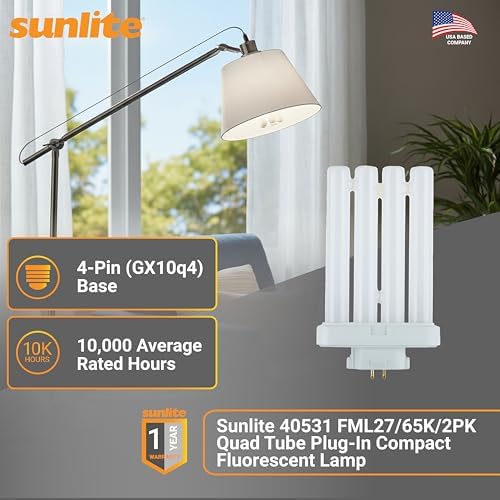 Sunlite 40531 FML27/65K/2PK Quad Tube Plug-in Compact Fluorescent Lamp, FML 4-Pin, 27 Watts, 1500 Lumens, 6500K Daylight, 4-Pin (GX10q4) Base, 120 Volts, 2 Pack