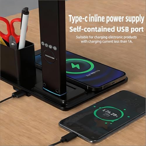 IHAO 7in1 Smart Desk Lamp with Wireless Charger & Digital Clock | 15W Fast Charging for Phone & Earbuds, Time/Date/Temp Display, Alarm, 3 Light Modes, USB Port, Detachable Pen Brush Pot-HYT1771 Black