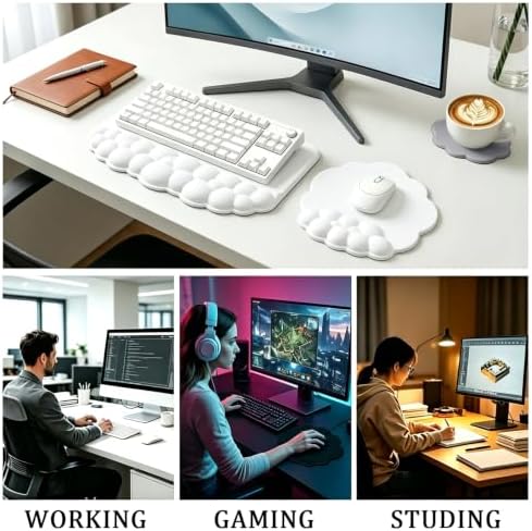 Cloud Keyboard Wrist Rest with Sloped Keyboard Pad, Ergonomic 3-in-1 Mouse Pad with Wrist Support and Coaster, Non-Slip Memory Foam Desk Mat Set for Mechanical Keyboard, Office & Gaming,White