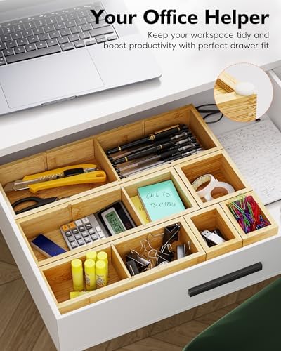 Bamboo Drawer Organizer Set, 6 PCS Trays with 12 Compartments