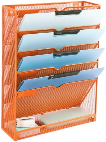 EASEPRES 6 Tier Mesh Hanging Wall File Organizer, Desk Vertical Mail Paper Document Folder Holder Rack with Bottom Tray and Nametag Label for Office Home School, Orange