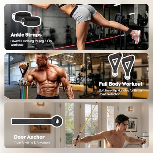 Resistance Bands Set, Himaly Exercise Bands Strength Training Fitness Bands Workout Elastic Bands with Legs Ankle Straps, Door Anchor, Handles & Carry Bag for Home Outdoor Workouts