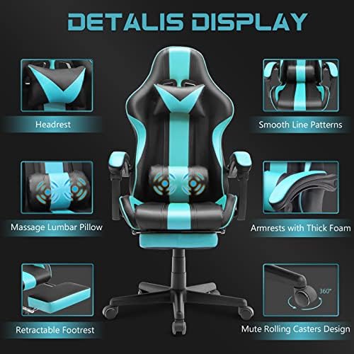 Ferghana Gaming Chairs, Ergonomic Racing Style PC Game Computer Chair with Headrest Lumbar Support Adjustable Recliner PU Leather Video Computer Chair(Lake Blue)