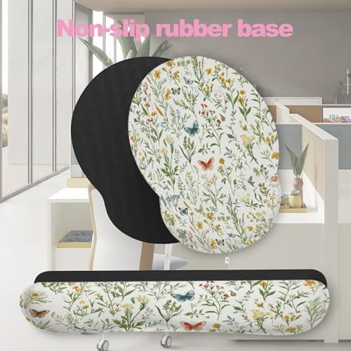 Wildflowers Butterfly Mouse Pad with Wrist Rest and Keyboard Wrist Rest Set, Vintage Garden Plants Herb Flower Non-Slip Rubber Base Memory Foam Mouse Pad Set for Women, Office Desk Accessories, Gaming