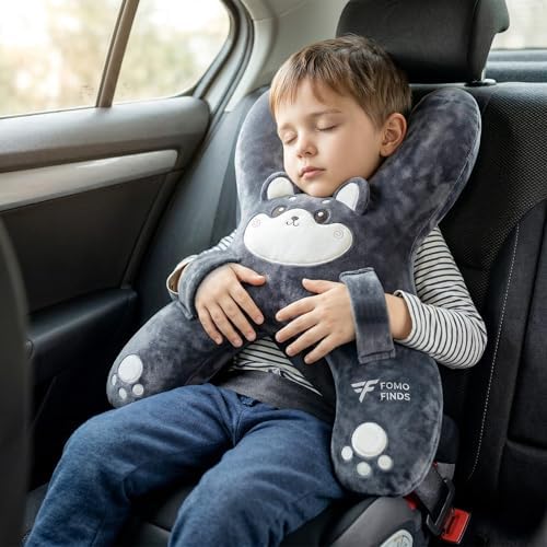 Kids Car Sleeping Pillow, H-Shaped for Neck & Back Support, Grey Dog