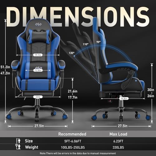HLDIRECT High Back Gaming Chair, USB Massage Lumbar Support, Black&Blue