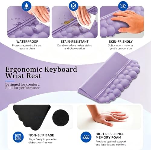 Cloud Keyboard Wrist Rest Set, 3 in 1 Ergonomic Memory Foam Keyboard Stand Pad with Mouse Wrist Support & Cup Holder, Anti-Slip Desk Cushion for Office Gaming Typing Pain Relief, Purple
