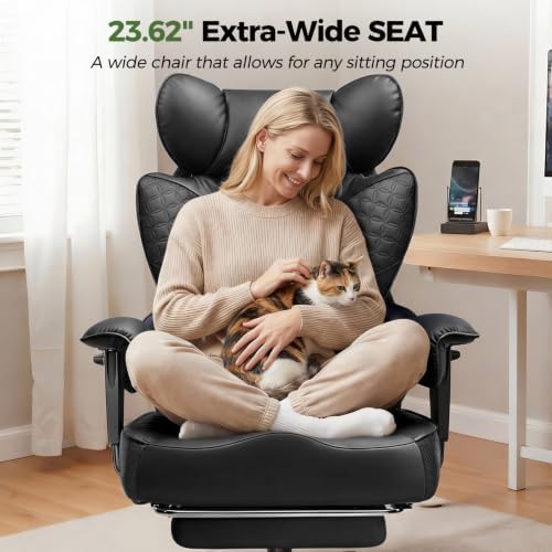 GTPOFFICE Big and Tall Office Chair 400LBS Wide Seat Computer Gaming Chair with Footrest & Comfy Lumbar Support, Leather High Back Executive Chair with Ergonomic Pressure Relief Seat Cushion, Black
