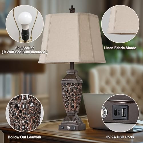 AIDENOEY 27.5“ Farmhouses Table Lamp with USB & USB-C Charging Ports, 3-Color Dimmable & Stepless Bottom Dimming, Touch Control & Switch, Vintage Bedside Lamp for Bedroom Living Room Office,(Brown)