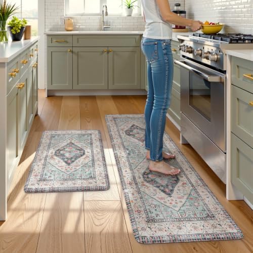 KIMODE Anti Fatigue Kitchen Mats, Blue Boho Distressed Kitchen Rugs 2 Pcs