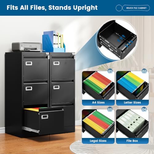 PEUKC 3-Drawer File Cabinet, 16.3" Deep Vertical Filing Cabinet with Lock, Metal File Cabinet for Home Office, Anti-Tip 3 Storage Drawers for Letter/Legal/A4/F4 Size, Assembly Required, Black