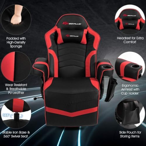POWERSTONE Gaming Recliner, PU Massage Gaming Chair with Footrest, Cup Holder, Headrest and Side Pouch, Adjustable Single Sofa Living Room Chair(Red)