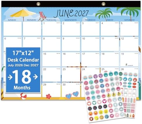Desk Calendar 2026-2027 - 18 Month Desk Calendar july 2026-2027 Dec, 17" x 12", Large Monthly Desktop Calendar with Daily Blocks, Plastic Cover, Corner Protectors - (2 Stickers Included)