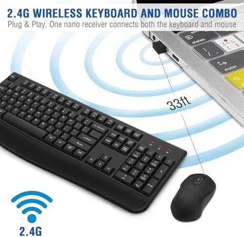 Wireless Keyboard and Mouse Combo, EDJO 2.4G Full-Sized Ergonomic Computer Keyboard with Wrist Rest and 3 Level DPI Adjustable Wireless Mouse for Windows, Mac OS Desktop/Laptop/PC(8 Pack)