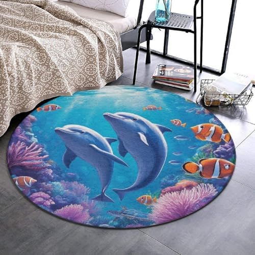 Machine Washable Modern Round Area Rug, Room Sofa Yoga Soft Round Carpet, Home Decor Non Slip Kitchen Office Circle Rug Sea Underwater Beautiful Sea World Dolphins, 24inch