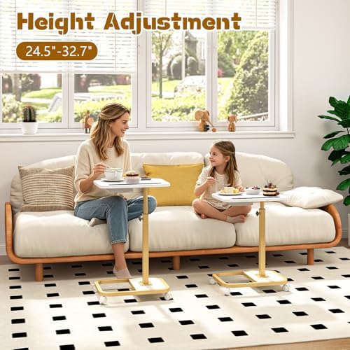 Adjustable Height TV Tray Table with Drawer, 360° Swivel C Shaped End Table, Rolling Couch Desk with Wheels, Side Tables for Living Room and Bedroom, Bed (Gold)