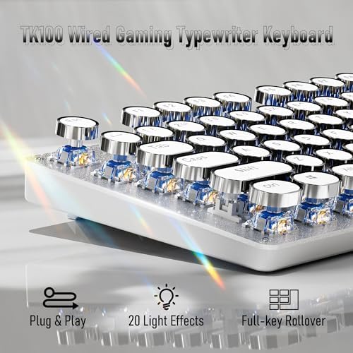Wired Typewriter Style Mechanical Gaming Keyboard with White Backlit-White