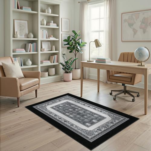 4'x6' Charcoal Gray Cat Motif with Vine Border Washable Area Rug