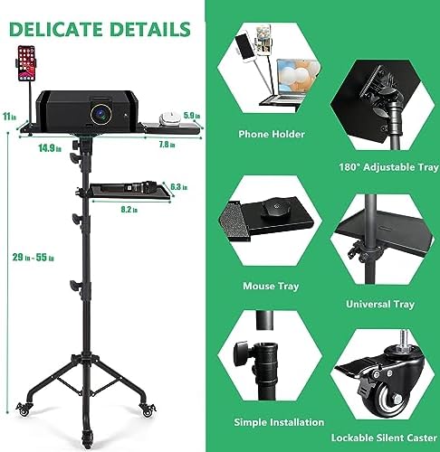 Projector Tripod Stand with Wheels Adjustable Height Laptop Tripod Stand Treadmill Laptop Stand with 2 Shelves Mouse Tray Phone Holder Projector Tripod Music Stand Office Home Portable Laptop Floor Stand