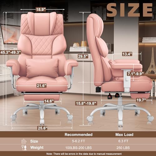 Vonesse Office Chair, Desk Chair with Soft Adjustable Armrests, Executive Computer Chairs with Lumbar Support, High Back Gaming Chair with Footrest (PU Leather, Pink)