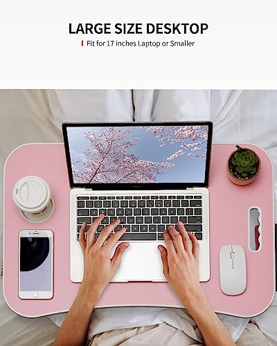 FISYOD Foldable Laptop Table, Portable Lap Desk Bed Table Tray, Laptop Stand with Cup Holder & Tablet Slot & Lifting Handle for Working Writing Drawing & Eating (Pink)