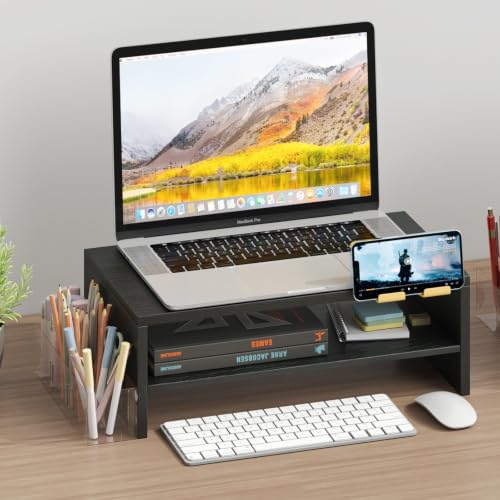 TEAMIX 2 Tiers Wood Monitor Stand Riser with Phone Holder & Side Pen Holder