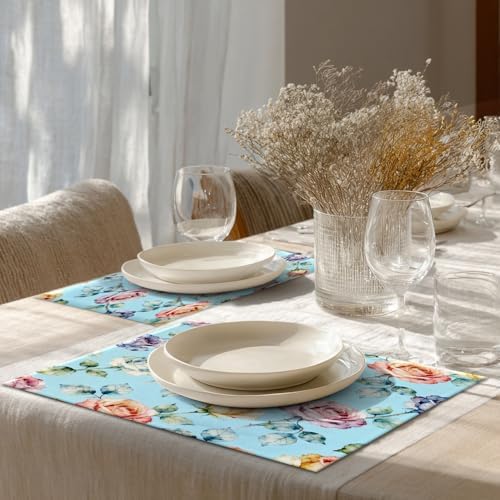 Shrahala Flower Set of 6 12 X 18 Inch Linen Placemats, Beautiful Flower Pattern Beauty Blossom Bouquet Elegant Floral Burlap Table Mat Washable Double Layered Heat Insulation for Indoor/Outdoor