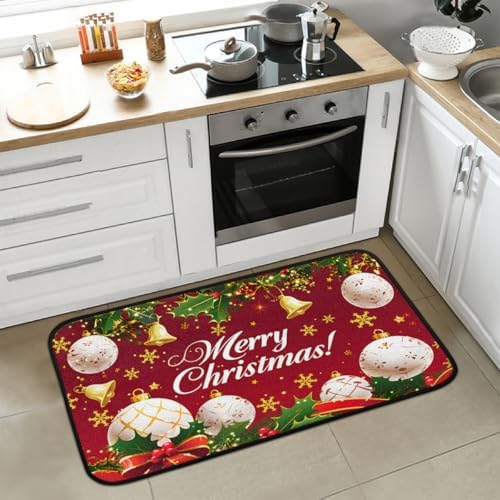 Christmas Door Mat Kitchen Mats, Christmas Merry Red Ball Holly Door Rugs, Cushioned Anti Fatigue Absorbent Kitchen Rug, Non-Slip Standing Desk Mat, Front Door Rug for Floor, Office, Sink, 20"×39"