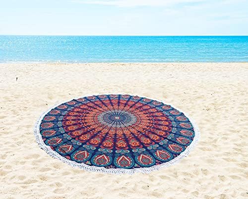 Round Beach Tapestry Turquoise Mandala Throw/Boho Hippie Beach Blanket Roundie/Indian Cotton Bohemian Large Round Table Cloth-Home Decor/Yoga Mat Meditation Picnic Rug (42", Orange and Blue)