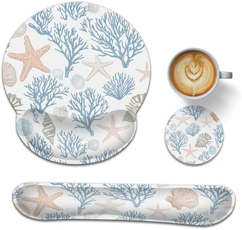 Starfish Wrist Rest Support for Mouse Pad Keyboard Set, Coral Shells Mouse Pad with Non Slip Rubber Base for Home and Office Typing Support