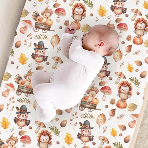 Cartoon Thanksgiving Turkey Pumpkin Mushroom Pattern Baby Changing Pad Cover, Unisex Fall Winter Nursery Diaper Changing Table Pad Mat Sheet for Boys Girls-16x32