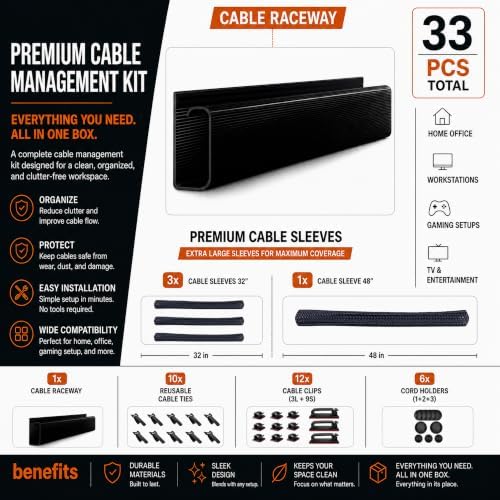 Cable Management Kit with Under Desk Raceway & 4 Long Cable Sleeves, Desk Cord Organizer with Cable Clips, Reusable Cable Ties & Cord Holders, Black