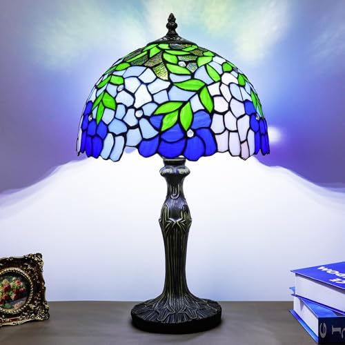 Stained Glass Table Lamp, Blue Green Wisteria Style Antique Bedside Reading Light 12X12X19 Inches, Adjustable 3 Color Temperature Decor for Bedroom Living Room