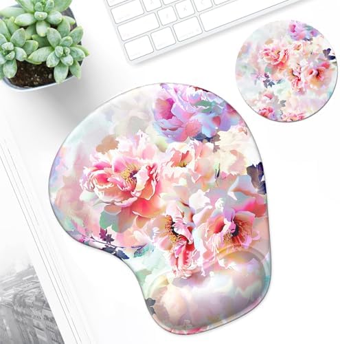 ITNRSIIET Ergonomic Mouse Pad Coaster Set with Gel Wrist Support Wrist Rest Smooth Surface Non-Slip PU Base Comfortable Office Supplies Pain Relief, 9.5 x 8.3 inches, Beautiful Flowers