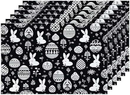 Shrahala Easter Eggs Rabbits Set of 6 12 X 18 Inch Linen Placemats, Black White with Eggs Rabbits Burlap Table Mat Washable Double Layered Heat Insulation for Indoor/Outdoor