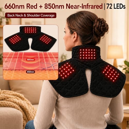 Neck Heating Pad for Neck and Shoulder Pain, 660nm & 850nm LED Shoulder Wrap, Heated Neck Wraps with 3 Heat & 3 Vibration Settings, USB Powered Soft Neck Warmer