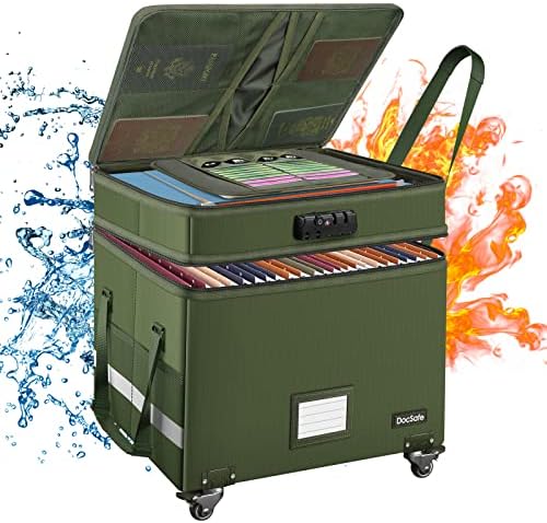 DocSafe File Box with Lock,2-Layer Fireproof Document Box with Wheels,Collapsible Rolling File Storage Organizer with Pockets,Large Portable Home Office Filing Cabinet Safe for Hanging Folders,Green