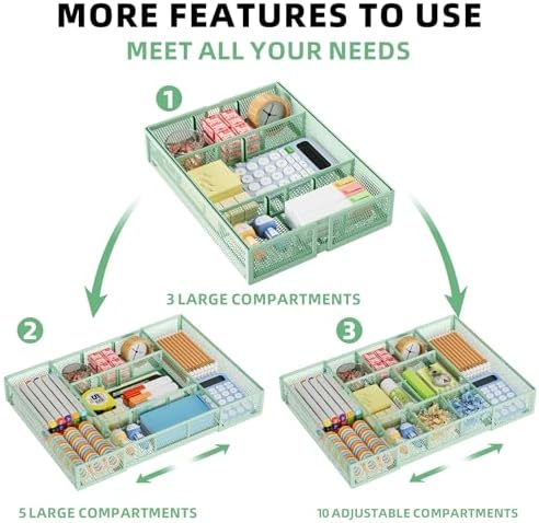 Marbrasse Expandable Desk Drawer Organizer, Mesh Drawer Organizer Tray with 10 Adjustable Compartments, Desk Organizers and Accessories for Office Supplies, Makeup & Vanity (Expandable-Green)