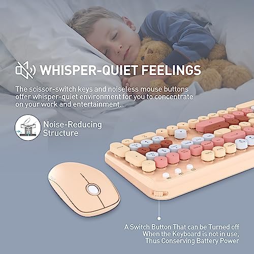 FOPETT Wireless Keyboard and Mouse Combo, 105 Keys Full-Sized 2.4 GHz Round Keycap Colorful Keyboards, USB Receiver Plug and Play, for Windows, Mac, PC, Laptop, Desktop (Milkteacolorful)
