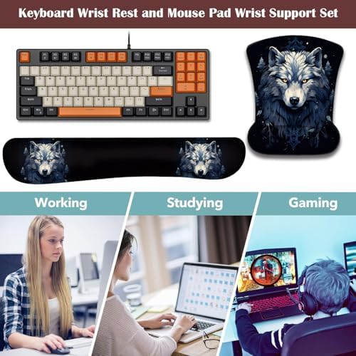 Keyboard Wrist Rest and Mouse Pad Wrist Support with Lace-Shaped Coaster Set, Ergonomic Gel Memory Foam and Anti-Slip Base, Easy Typing and Pain Relief - Night Moon Wolf