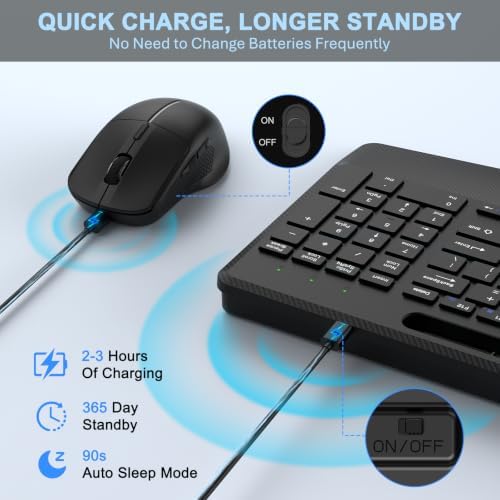 Rechargeable Silent Wireless Keyboard and Mouse Combo, Ergonomic Wrist Rest & Phone Tablet Holder, USB-C Adapter Included, 2.4G Lag-Free Cordless Set for Windows Mac Laptop PC Home Office (Black)