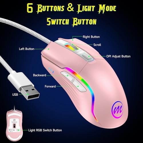 memzuoix Wired Gaming Mouse with RGB - 6 Adjustable DPI up to 12800, 6 Buttons, 12 Lighting Modes, Ergonomic Design with Anti-Slip Rubber Wheel, 5.6ft Braided Cable for PC/Mac/Windows - Pink
