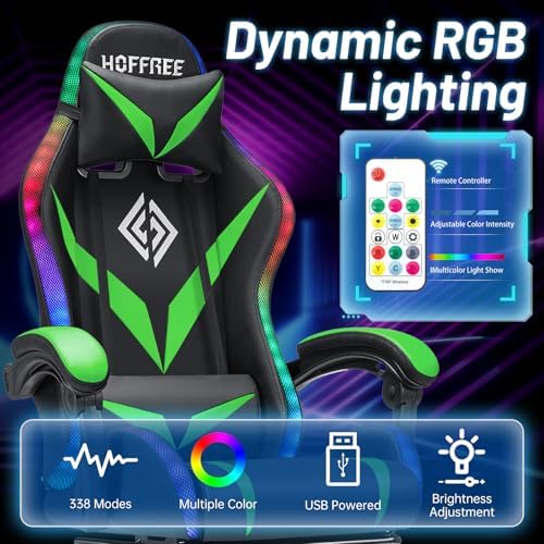 HOFFREE LED Gaming Chair with Speakers RGB Lights Computer Chairs-Green