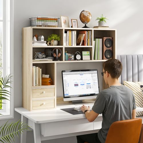 REIBII Desktop Bookshelf, 8 Shelves Desk Hutch for Dorm Room, Natural