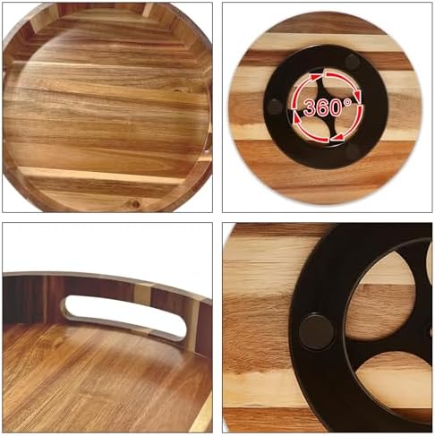 Acacia Wooden Lazy Susan for Table Top-12 Inch Wooden Lazy Susan Turntable with Double Handle-Large Acacia Wooden-Spice Organizer for Countertop, Table, Cabinet